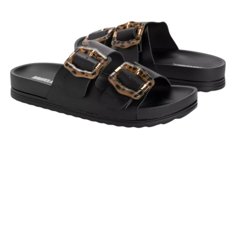 Muk Luks Black Double Buckle Slide Sandals Size 8 Tortoise Buckle Comfort Slides